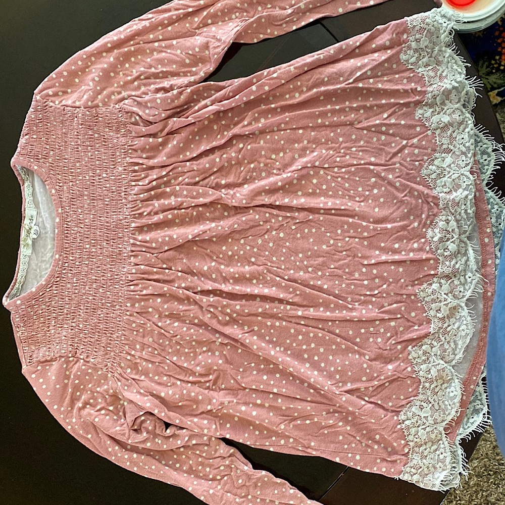 Rewind brand Long sleeve Pink polkadot shirt with lace trim
